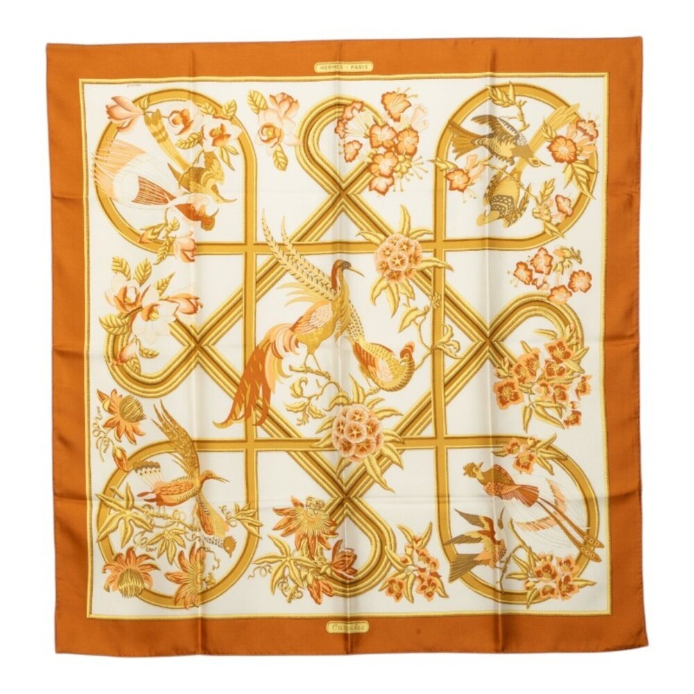 Hermes Carre 90 Carabes Caribbean Bird Scarf Muffler Brown Silk Women's HERMES